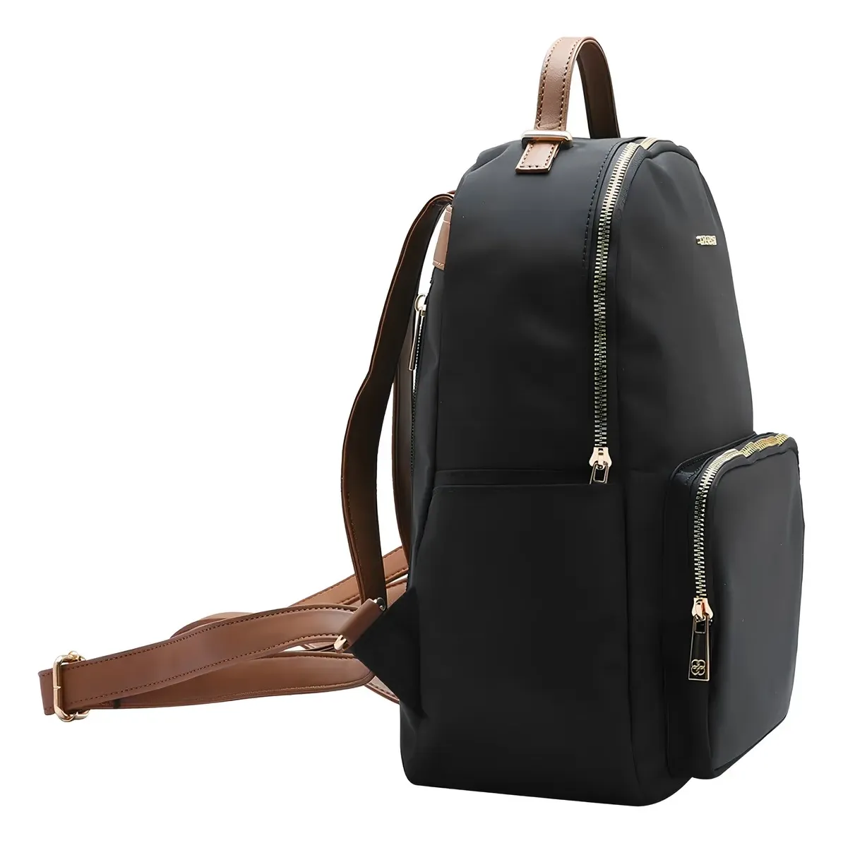 Mochila feminina Chenson preta em microfibra vista lateral com alças ajustáveis